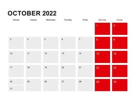 2022 oktober planner kalenderontwerp. week begint vanaf maandag. vector