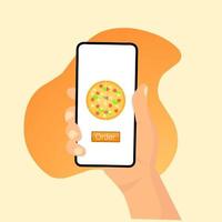 illustratie vectorafbeeldingen plat ontwerp van handen met smartphone met pizza online bestellen op het scherm, perfect voor mobiel toepassingsconcept vector