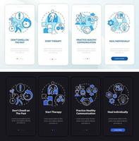 mentaal welzijn onboarding mobiele app paginascherm. individuele healing walkthrough 4 stappen grafische instructies met concepten. ui, ux, gui vectorsjabloon met lineaire nacht- en dagmodusillustraties vector