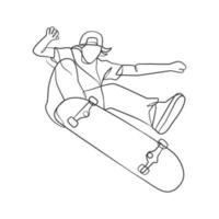 doorlopende lijntekening van een man die skateboard speelt vector