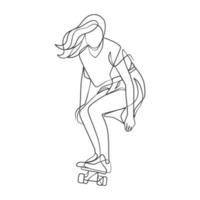 doorlopende lijntekening van meisje dat skateboard speelt vector