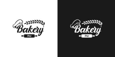 bakkerij logo ontwerp vector met chef hoed, deegroller en tarwe