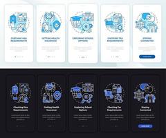 naar het buitenland verhuizen en een donker, licht onboarding-paginascherm voor mobiele apps voorbereiden. walkthrough 5 stappen grafische instructies met concepten. ui, ux, gui vectorsjabloon met lineaire nacht- en dagmodusillustraties vector