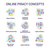 online piraterij concept pictogrammen instellen. auteursrechtelijk beschermde inhoud idee dunne lijn kleur illustraties. kopieën van muziek. dienst tegen piraterij. publicatie bescherming. vector geïsoleerde overzichtstekeningen. bewerkbare streek