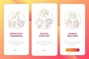 redenen voor medische uitzonderingen op het paginascherm van de mobiele app. allergische reacties walkthrough 3 stappen grafische instructies met concepten. ui, ux, gui vectorsjabloon met lineaire kleurenillustraties vector