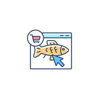 online visbestelling rgb-kleurenpictogram. koop verse zeevruchtenproducten op internet. breed productengamma. bezorging van verse en diepgevroren vis. geïsoleerde vectorillustratie. eenvoudige gevulde lijntekening vector
