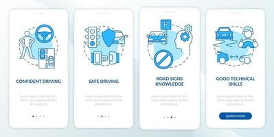 rijcursus resultaten blauwe onboarding mobiele app paginascherm. rijbewijs walkthrough 4 stappen grafische instructies met concepten. ui, ux, gui vectorsjabloon met lineaire kleurenillustraties vector