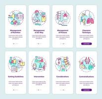 longziekten herstel onboarding mobiele app-paginaschermset. revalidatie walkthrough 4 stappen grafische instructies met concepten. ui, ux, gui vectorsjabloon met lineaire kleurenillustraties vector