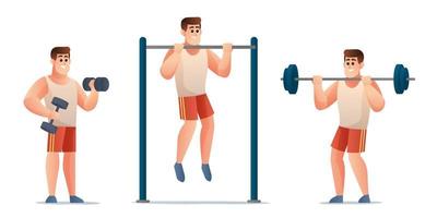 set van man doen gym oefeningen. verzameling van man die gewichtheffen fitness oefeningen doet illustratie vector