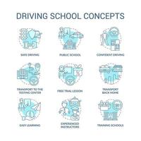 rijschool blauwe concept pictogrammen instellen. auto rijden onderwijs idee dunne lijn kleur illustraties. verkeersborden en regels leren. rijbewijs. vector geïsoleerde overzichtstekeningen. bewerkbare streek