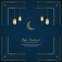 eid mubarak, islamitische arabische blauwe luxe achtergrond met geometrisch patroonframe en lantaarns vector