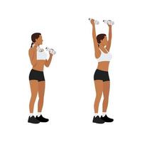 vrouw doet overhead schouderpers met waterfles oefening. platte vectorillustratie geïsoleerd op een witte achtergrond vector