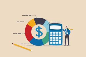 kostenstructuur, berekening van kosten en inkomsten, analyse van inkomsten, schulden en investeringen, geldbeheer, budget of besparingsconcept, zakenman met rekenmachine met cirkeldiagram van kostenstructuur. vector