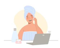 jonge vrouw kijkt thuis naar live streaming video over cosmetische procedures. ze leert voor haar gezicht te zorgen. concept van online cosmetische procedures vector