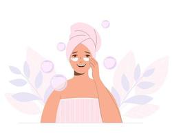 mooie vrouw met een handdoek op haar hoofd zorgt voor de huid van haar gezicht. spa procedure vector