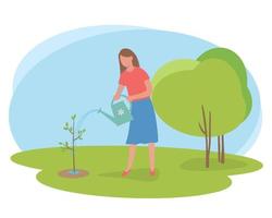 jonge vrouw geeft een kleine boom water uit een gieter vector