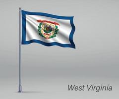 wapperende vlag van west-virginia - staat van de verenigde staten op vlaggenmast vector