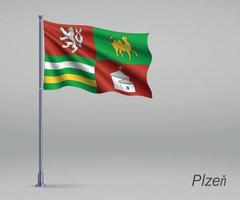 wapperende vlag van plzen - regio van tsjechië op vlaggenmast. te vector