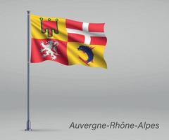 wapperende vlag van auvergne-rhone-alpes - regio van frankrijk op vlaggenmast vector