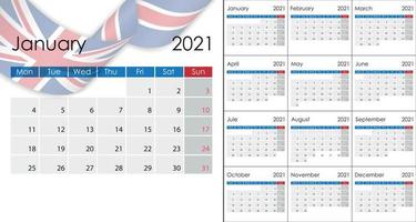 eenvoudige kalender 2021 op Engelse taal, weekstart op maandag. vector