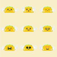 schattig en kawaii heerlijke taco's met rundvlees of kip, vleessaus, groene salade en rode tomaat. taco voor restaurant- of café-evenementontwerp. Mexicaans eten vector