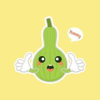 kalebas of lagenaria siceraria, ook bekend als fles kalebas cartoon karakter platte ontwerp illustratie. schattig en kawaii kalebas kalebassen plant ontwerp. peervormige flespompoen vector