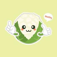 schattig en kawaii bloemkool. grappig en gezond eten. vitamines in bloemkool. eten met schattig gezicht. vectorbeeldverhaal. gezond voedsel, groenten vectorpictogram, vegetarisch veganistisch concept vector