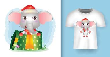 schattige olifant kerstkarakters met kerstmuts en sjaal in de geschenkdoos met t-shirtontwerp vector