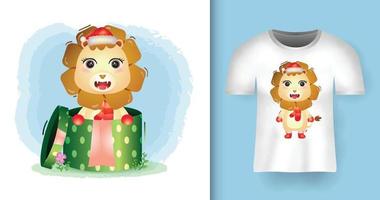 schattige leeuwenkerstfiguren met kerstmuts en sjaal in de geschenkdoos met t-shirtontwerp vector