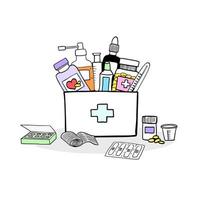 medicijnkist concept. set van EHBO-elementen. handgetekende geïsoleerde vectorillustratie, doodle-stijl