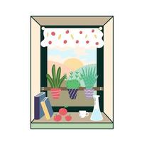 Groenen op de vensterbank van de keuken. groene hoek in de kamer. het gezellige interieur van de ramen in de kamer. plant in bloempot. vector bewerkbare illustratie