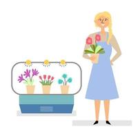 meisje verkoopt bloemen. klein bedrijf dat bloemen en potten verkoopt vector