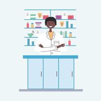 Afro-Amerikaanse man apotheker achter de toonbank. verkoper van medicijnen. de moderne apotheek vector