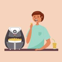 de man eet frietjes uit de airfryer vector