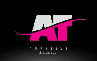 at at wit en roze letterlogo met swoosh. vector