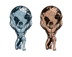 atlas of titaan die de wereldbol op zijn schouders houdt. bodybuilder atleet standbeeld, gouden of bronzen en ijzeren versies. vectorillustratie.