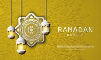 vectorafbeelding van ramadan kareem met witte lantaarn en gele achtergrond. geschikt voor wenskaarten, behang en andere. vector