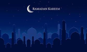 vectorafbeelding van ramadan kareem met blauwe islamitische stad nacht scane. geschikt voor wenskaart, behang en andere ramadan-achtergrond. vector