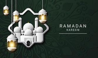 vectorafbeelding van ramadan kareem met witte moskee en groene achtergrond. geschikt voor wenskaarten, behang en andere. vector