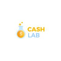 Cash lab-logo. Een laboratorium verdient geld. Een reageerbuis met een dollar munt. vector