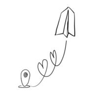 liefde vliegtuig route illustratie vector in de hand getekende doodle stijl