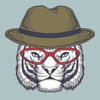 tijgerkop met de hand getekend met een rode bril en hoed vector