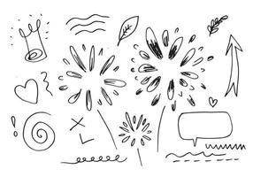 hand getekende set element,zwart op wit background.panah,bladeren,tekstballon,hart,licht,koning,nadruk,werveling,voor conceptontwerp. vector