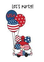 schattig gelukkig amerika gnome meisje viert onafhankelijkheidsdag met natie ballonnen en usa vlag, leuke leuke cartoon tekening vector banner.