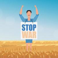 de man in volle groei houdt een poster vast met het opschrift stop de oorlog. landelijk landschap met tarweveld en blauwe lucht op de achtergrond. vector