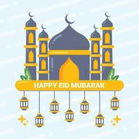 gelukkig eid mubarak-groetconcept met moskee, maan en lantaarnsillustratie vector