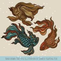 handgetekende Thaise stijlillustratie van siamese kempvissen vector