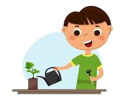 een schattige jongen geeft jonge planten water. kinderen en een moestuin op het raam. vectorillustratie geïsoleerd op een witte achtergrond vector