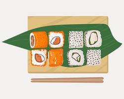 set van traditionele japanse gerechten van broodjes en sushi met zeevruchten. op een houten dienblad vector