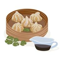 wontons op een bord van beukenhout. traditioneel Chinees eten vector